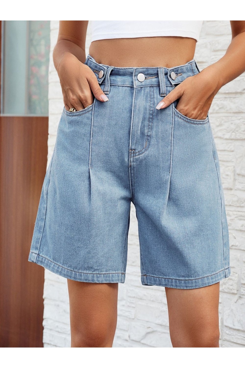 High Waist Denim Shorts with Pockets - Denim Shorts - FITGGINS