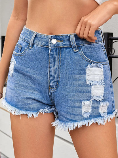 Distressed Raw Hem Denim Shorts Dark Blue Fitggins