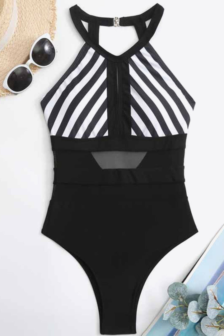 Striped Backless One-Piece Swimsuit - Swimwear One-Pieces - FITGGINS