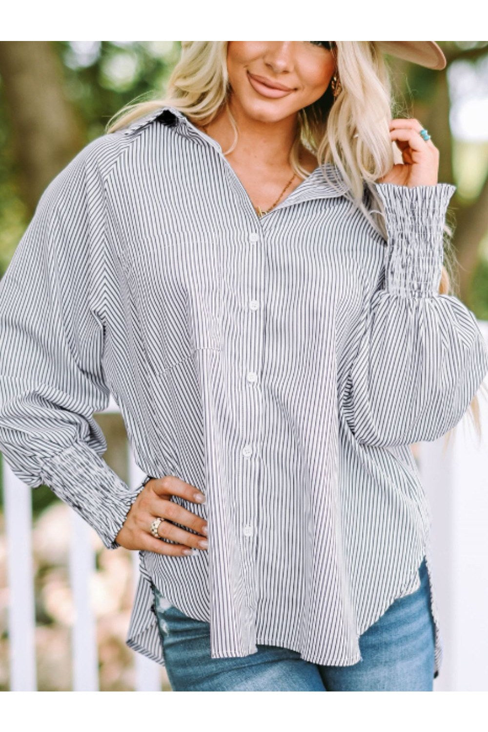 Striped Collared Neck Lantern Sleeve Shirt - Shirts - FITGGINS