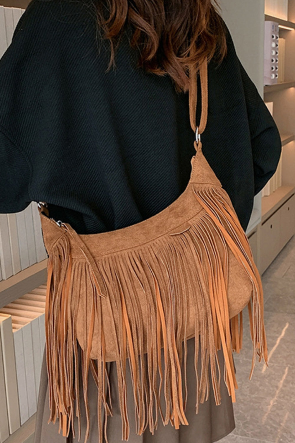 Suede Fringe Adjustable Strap Shoulder Bag - Handbag - FITGGINS