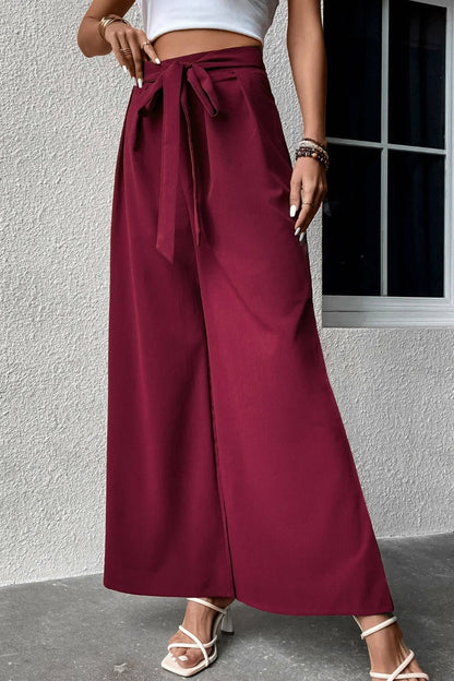 Perfee Tie Front Wide Leg Pants - Pants - FITGGINS