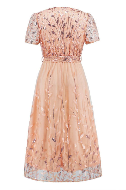 Sequin Leaf Embroidery Tie Front Short Sleeve Dress - Cocktail Dresses - FITGGINS