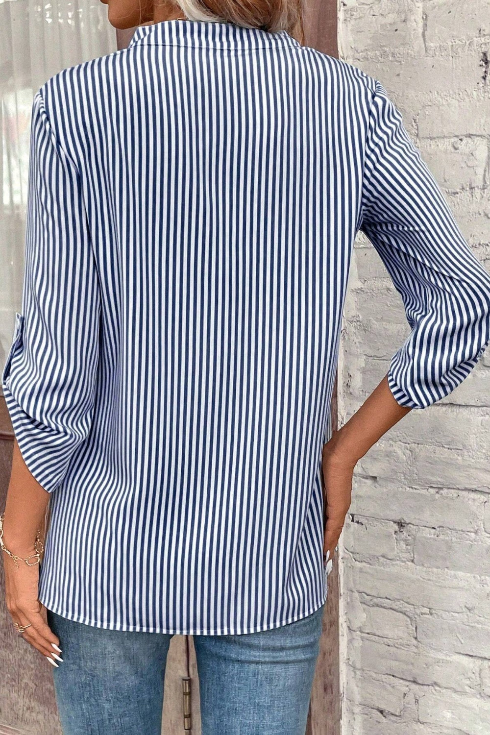 Striped Notched Roll-Tab Sleeve Shirt - Shirts - FITGGINS