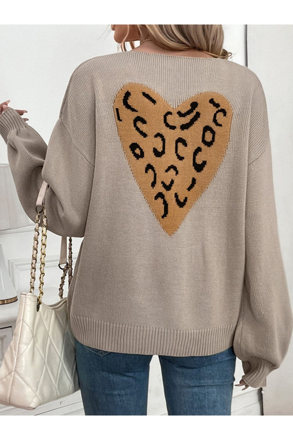 Perfee Tied Contrast Heart V-Neck Long Sleeve Cardigan - Cardigans - FITGGINS