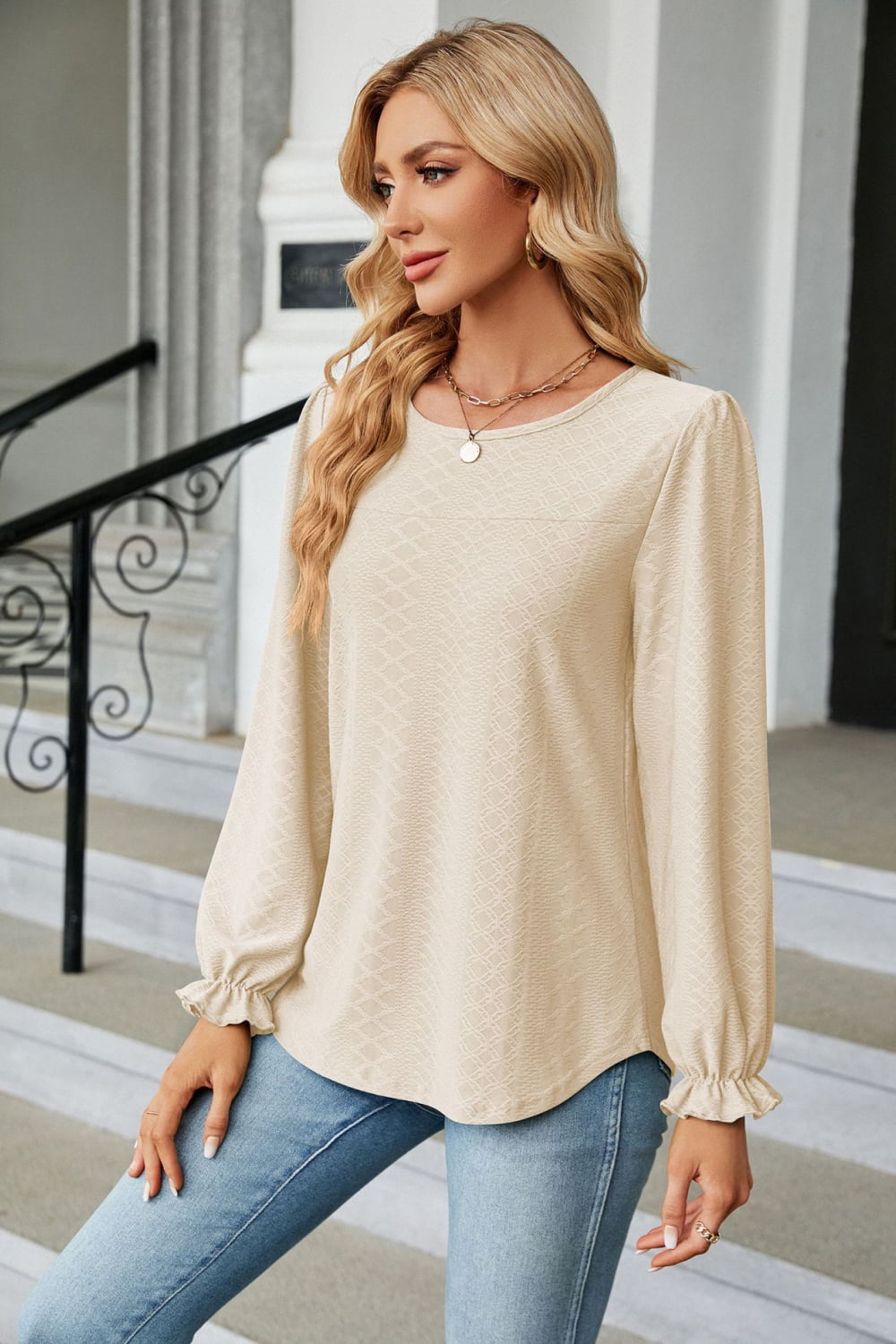 Round Neck Flounce Sleeve Blouse Fitggins