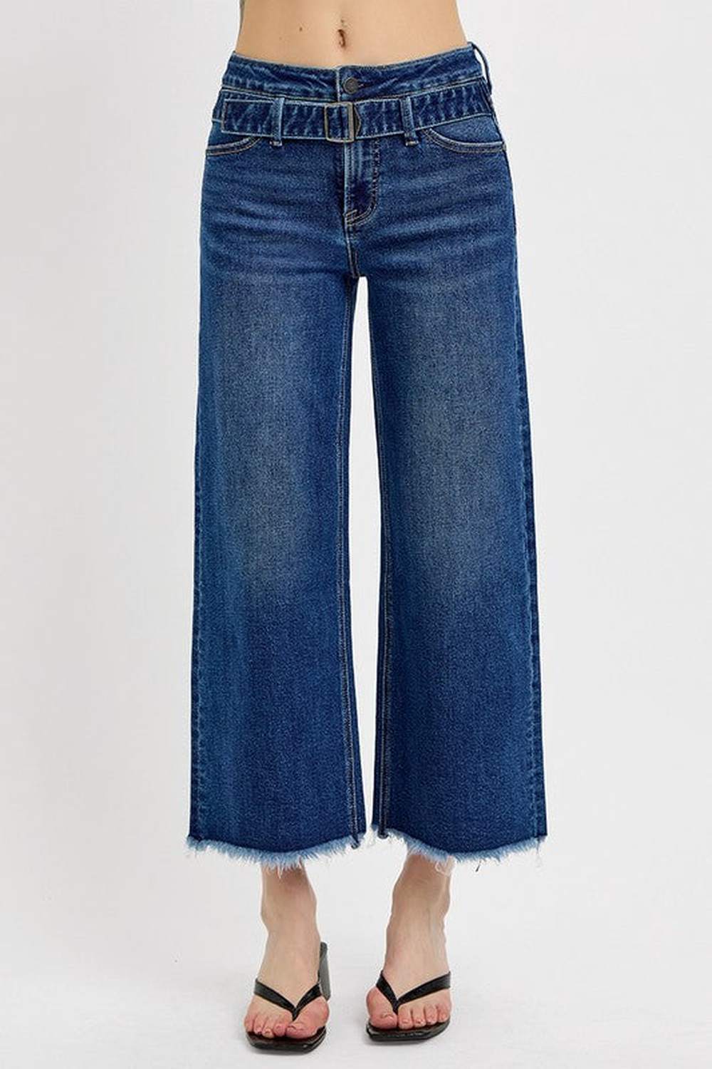 RISEN Raw Hem Wide Leg Buckle Jeans