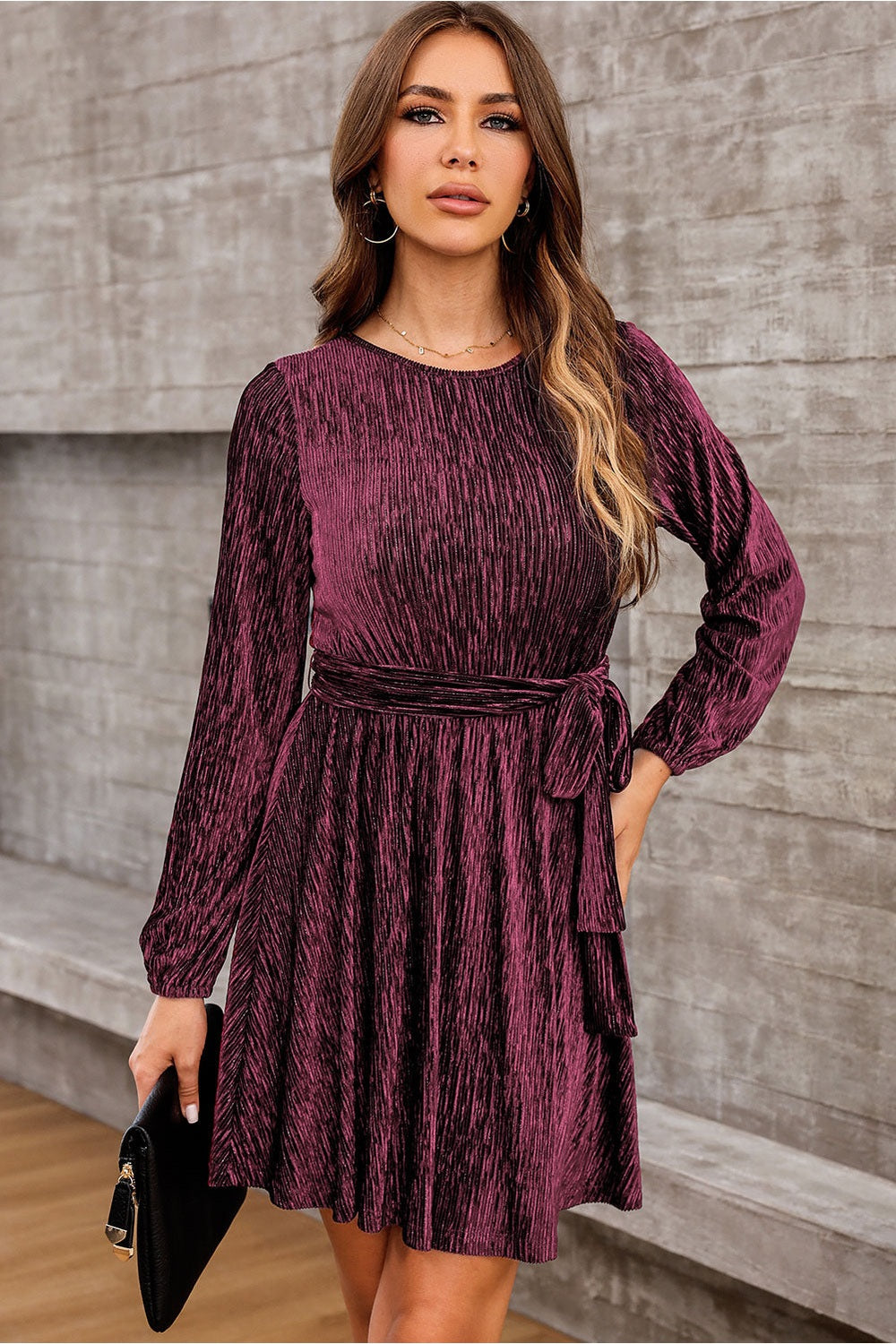 Round Neck Tie Front Long Sleeve Dress - Casual & Maxi Dresses - FITGGINS