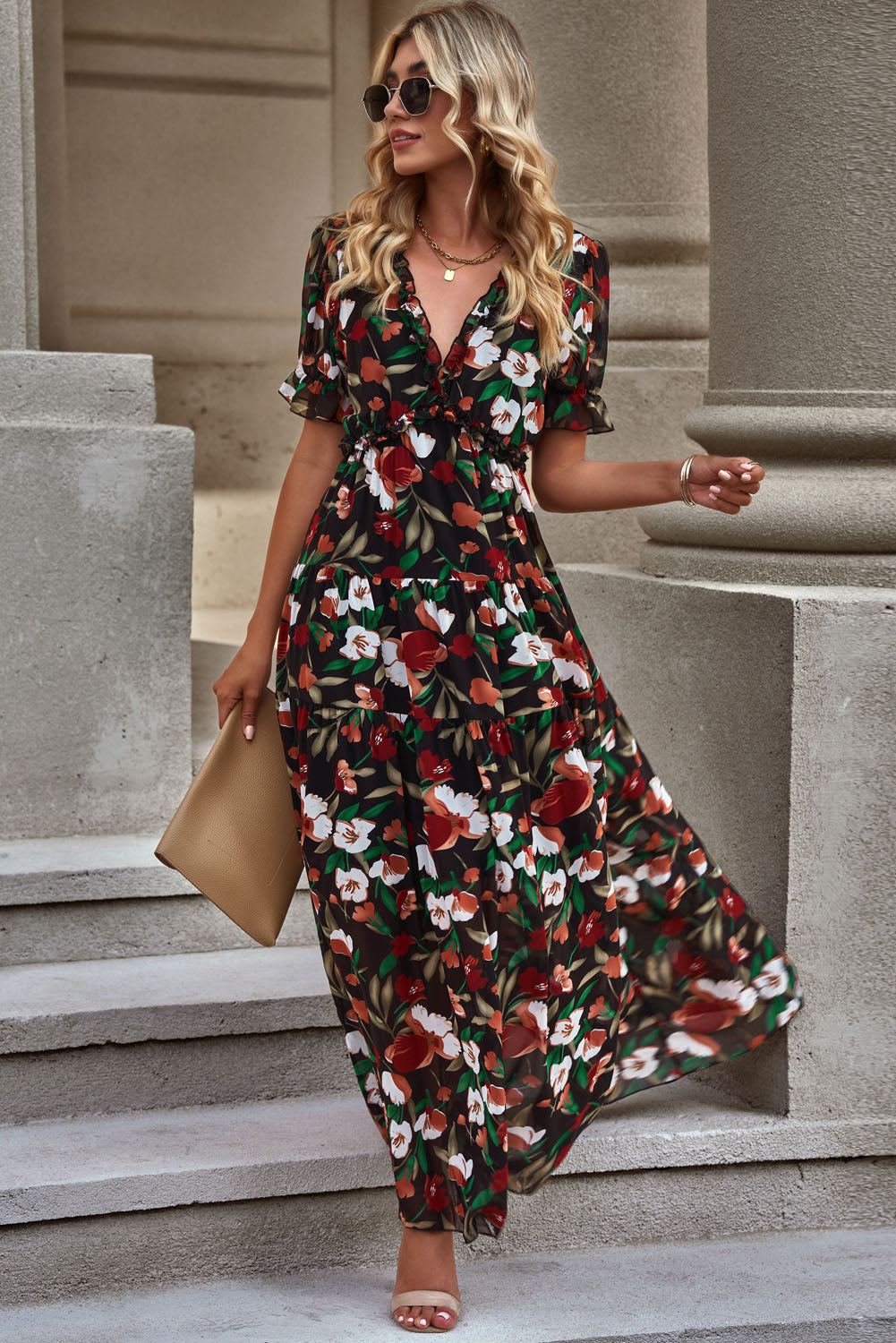 Floral V-Neck Short Flounce Sleeve Dress Fitggins