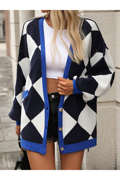 Checkered Dropped Shoulder Long Sleeve Cardigan - Cardigans - FITGGINS