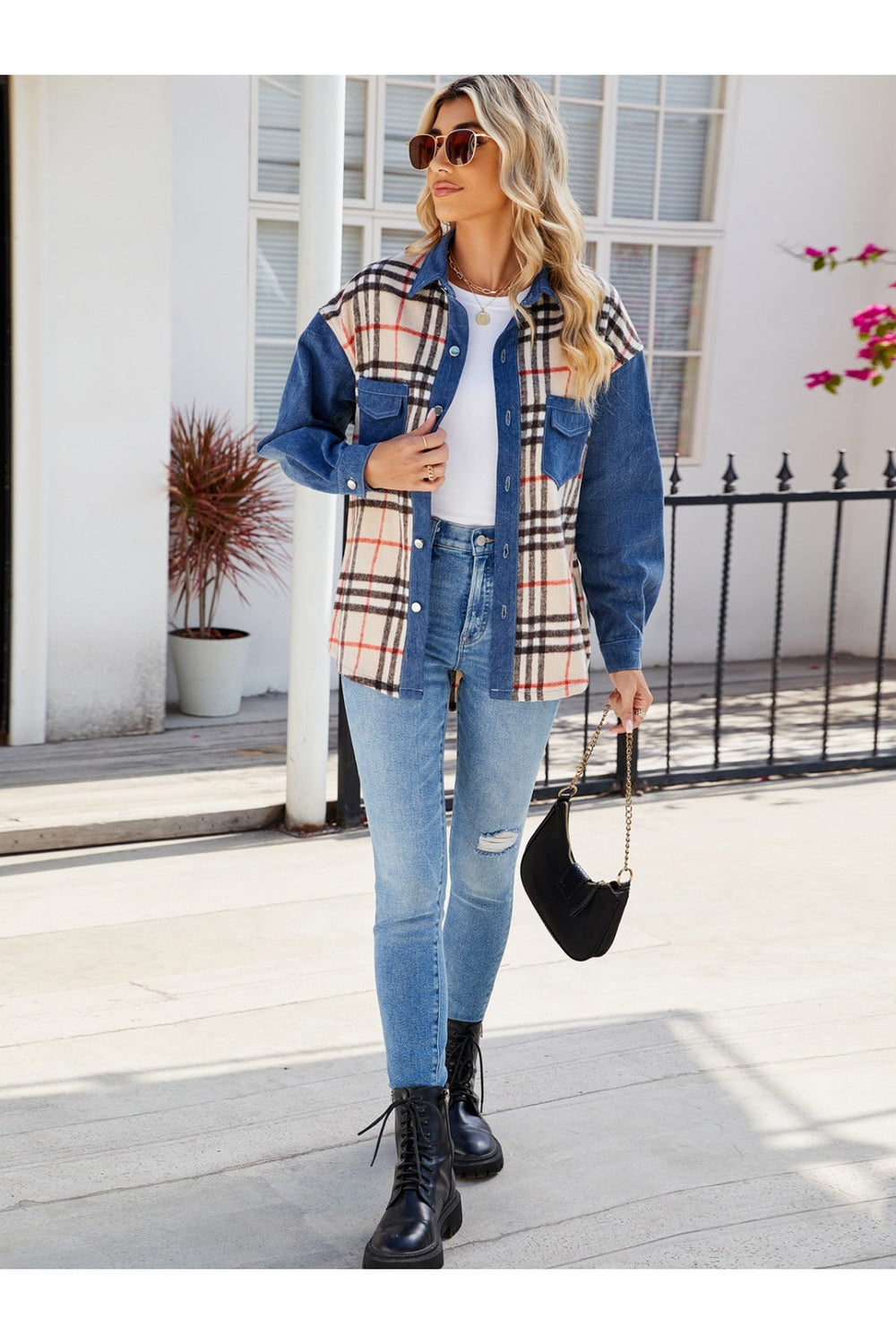 Plaid Long Sleeve Denim Jacket - Denim Jackets - FITGGINS