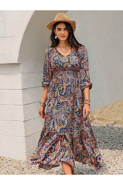 Printed Tie Neck Long Sleeve Midi Dress - Casual & Maxi Dresses - FITGGINS