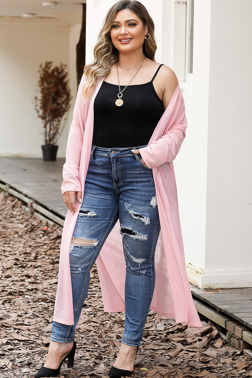 Open Front Long Sleeves Slit Cardigan - Jackets - FITGGINS