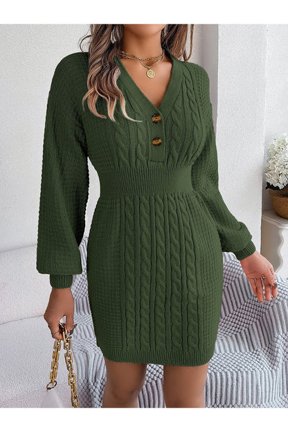 Buttoned Cable-Knit V-Neck Sweater Dress - Sweater Dresses - FITGGINS