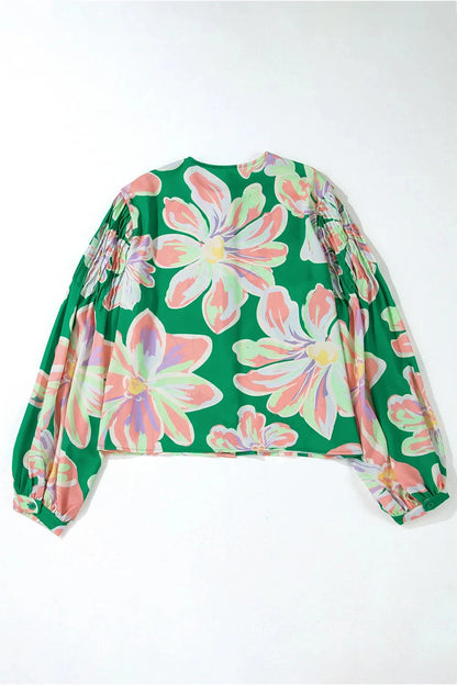 Floral Pleated Puff Sleeve Shirt - Shirts - FITGGINS