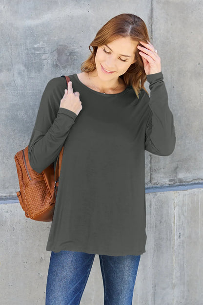 Basic Bae Full Size Round Neck Dropped Shoulder T-Shirt Dark Gray Fitggins