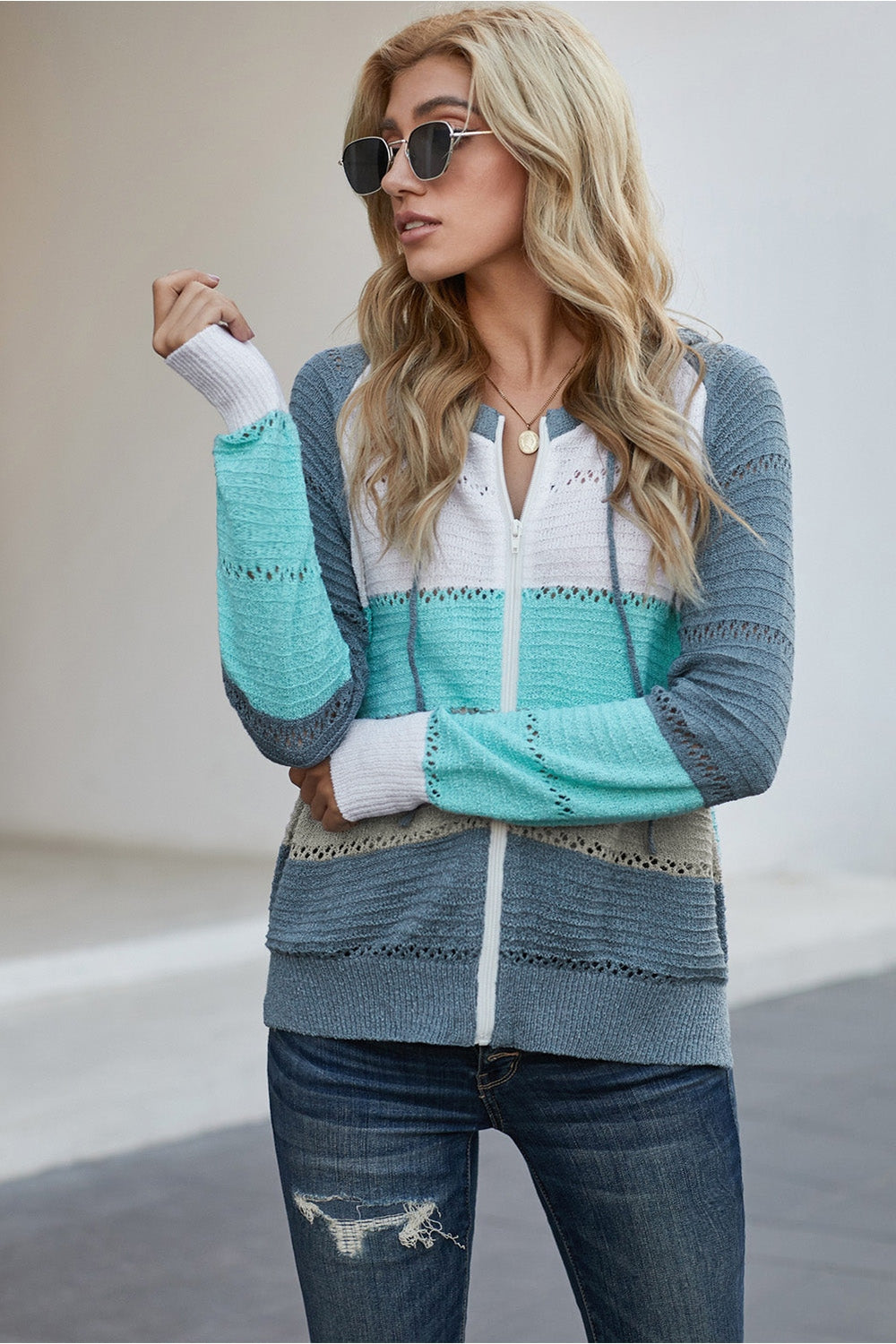 Zip-Up Raglan Sleeve Openwork Hooded Cardigan - Sweatshirts & Hoodies - FITGGINS