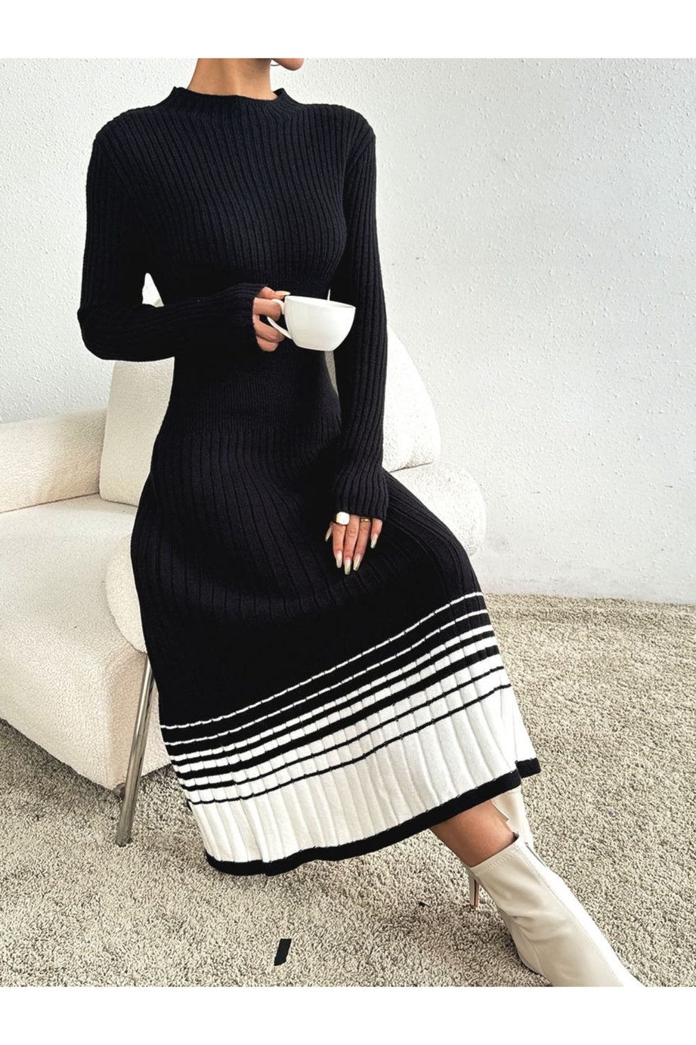 Contrast Mock Neck Long Sleeve Sweater Dress - Sweater Dresses - FITGGINS