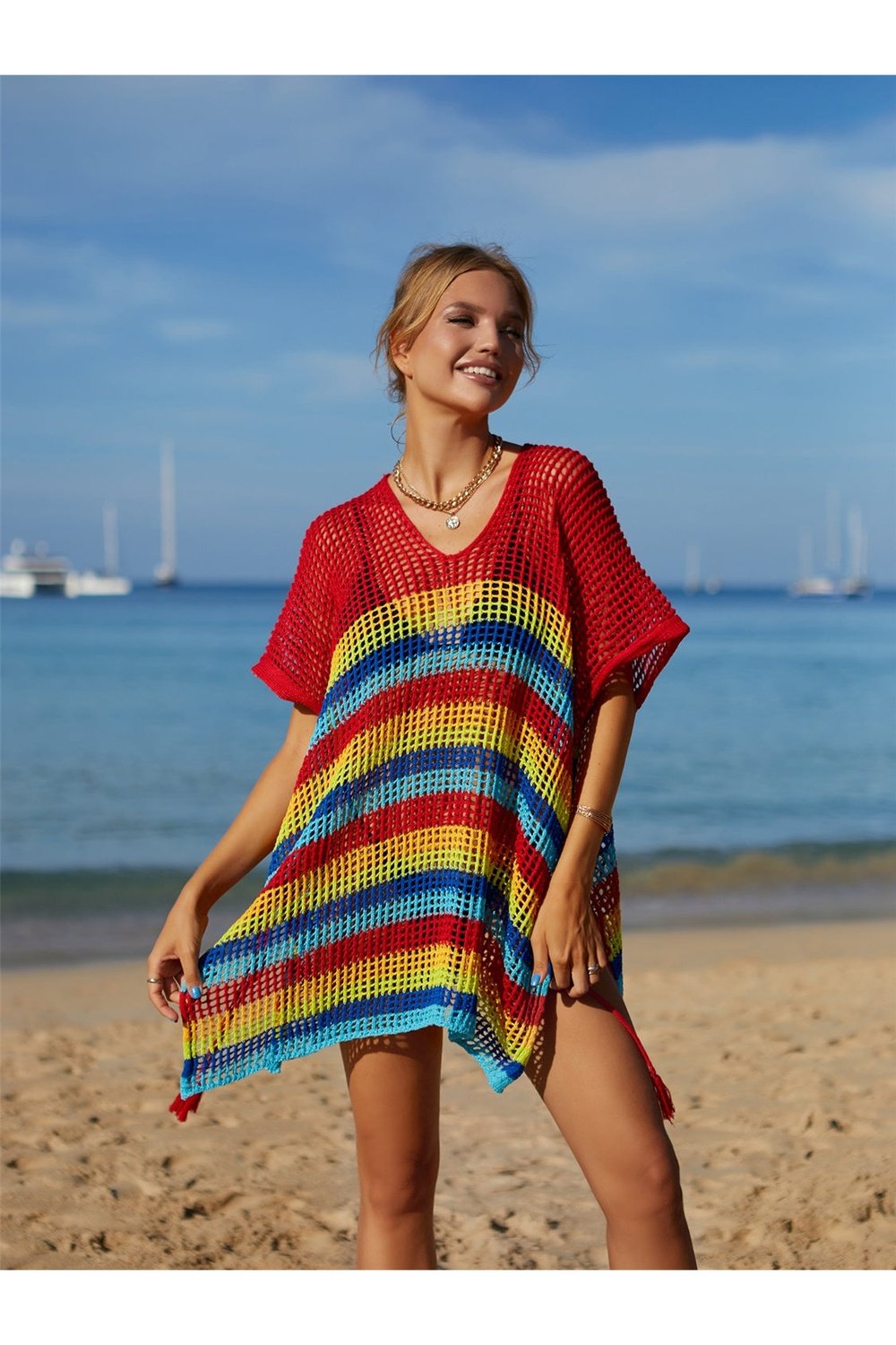 Cutout Striped Cover-Up with Tassel - Cover-Ups - FITGGINS