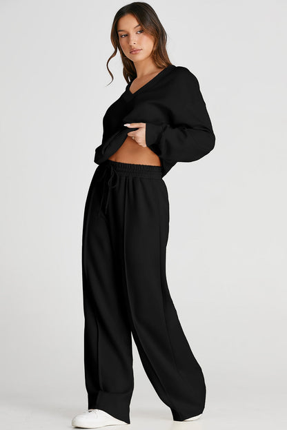 V-Neck Long Sleeve Top and Pants Active Set - Active Set - FITGGINS