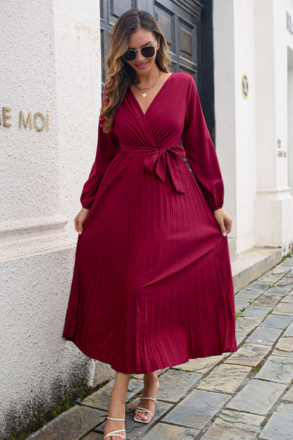 Pleated Long Sleeve Surplice Maxi Dress Wine Fitggins