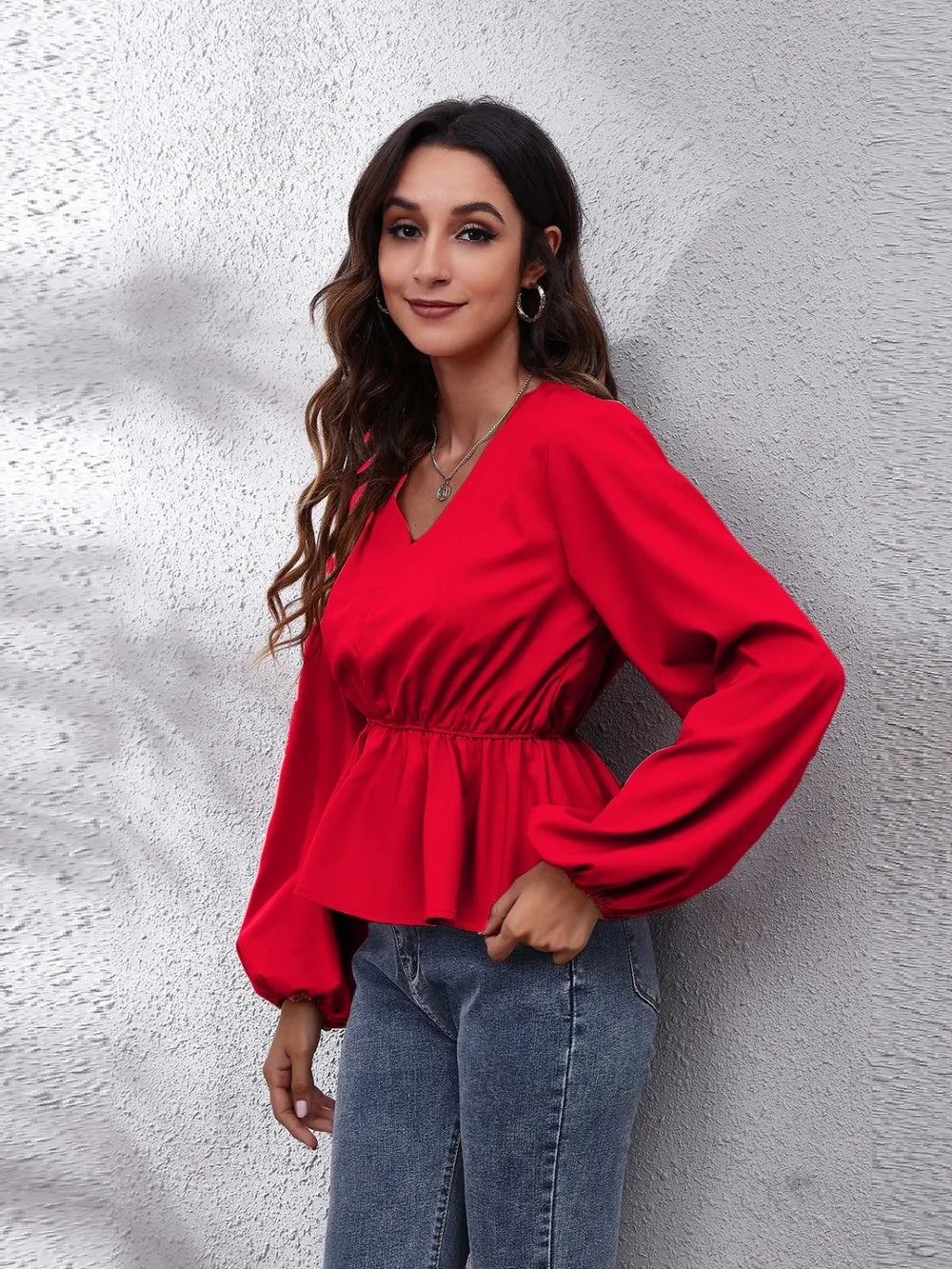 V-Neck Balloon Sleeve Peplum Blouse Fitggins