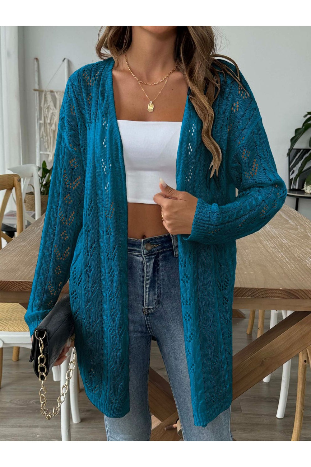 Openwork Open Front Long Sleeve Cardigan - Cardigans - FITGGINS