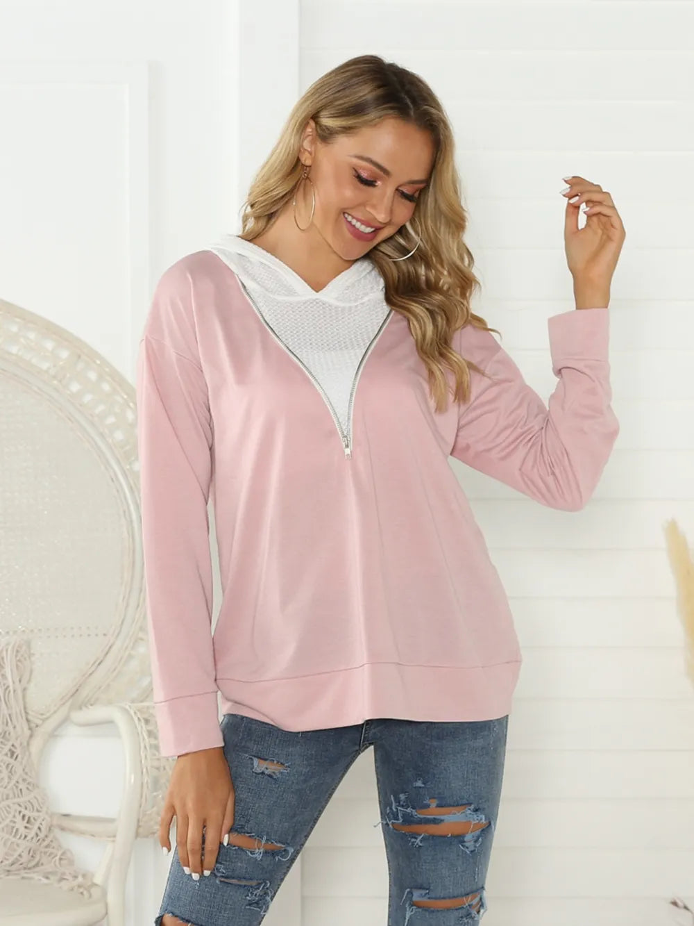 Shiny Contrast Zip Detail Hoodie Fitggins