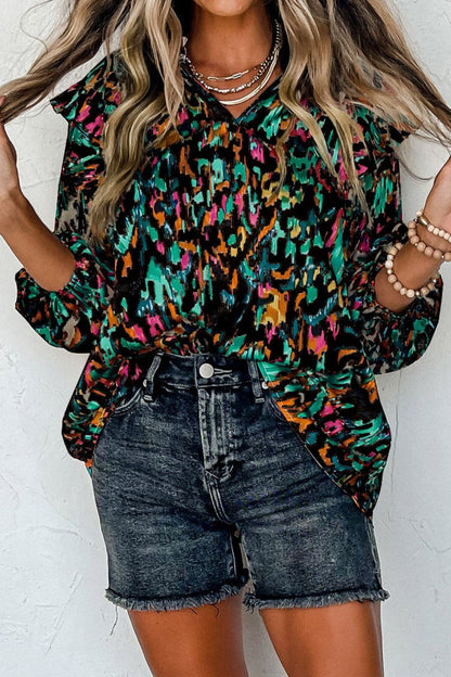 Printed Nochted Neck Ruffled Blouse - Blouses - FITGGINS