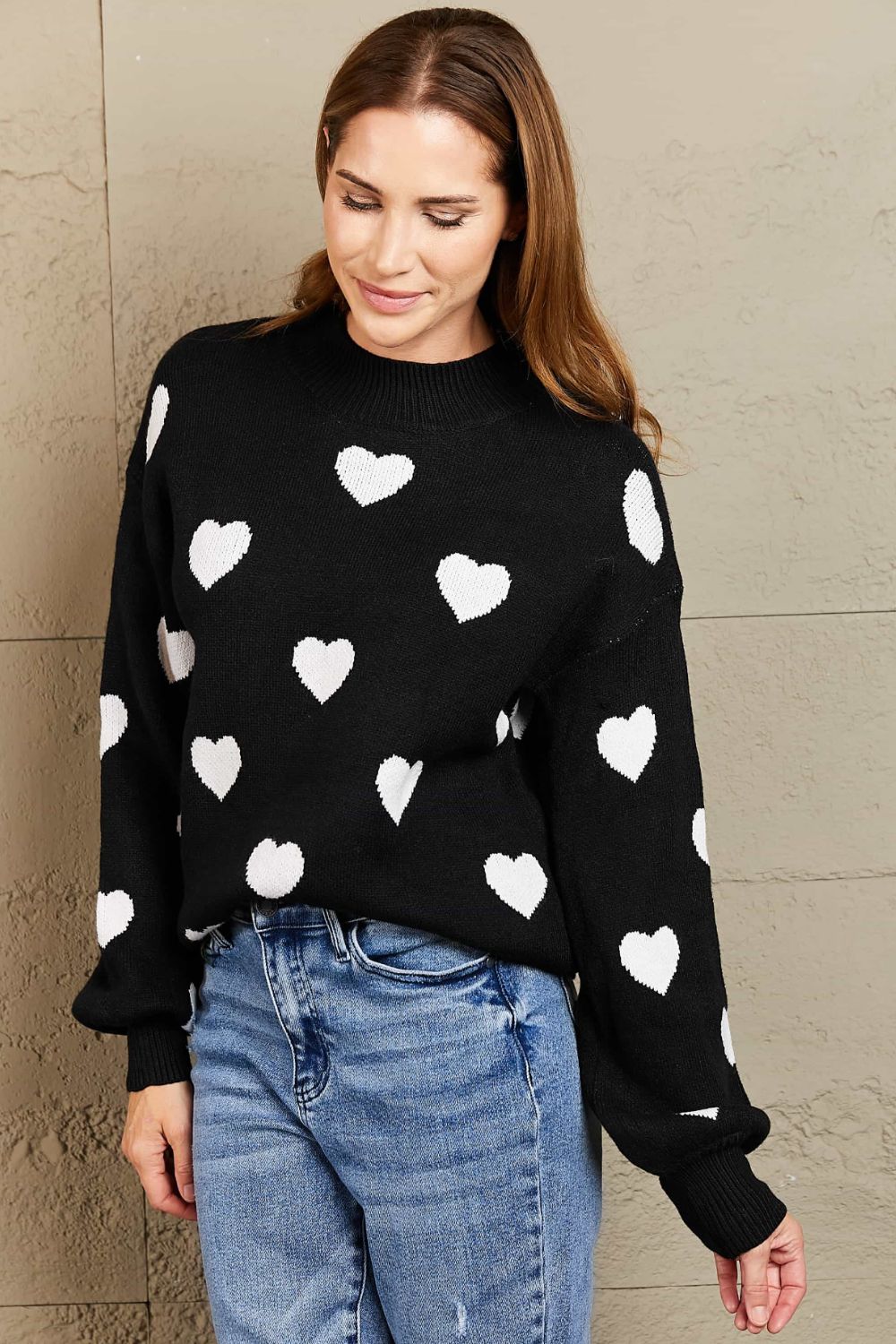 Woven Right Heart Pattern Lantern Sleeve Round Neck Tunic Sweater - Pullover Sweaters - FITGGINS