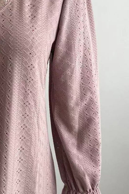 Eyelet V-Neck Flounce Sleeve Blouse Fitggins