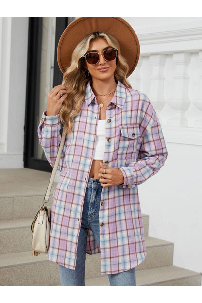 Plaid Collared Neck Long Sleeve Shirt - Shirts - FITGGINS