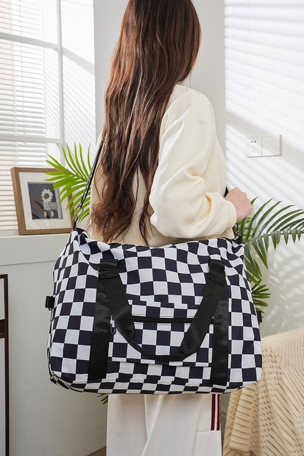 Zenana Checkered Multi-Pocket Travel Bag - Handbag - FITGGINS