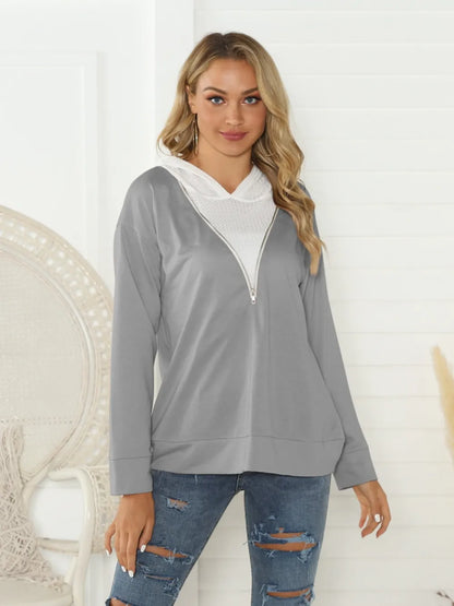 Shiny Contrast Zip Detail Hoodie Gray Fitggins