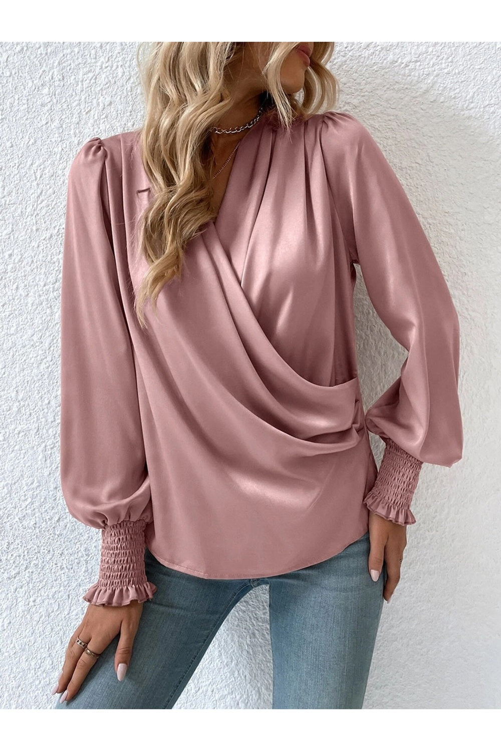 Surplice Smocked Lantern Sleeve Blouse - Blouses - FITGGINS