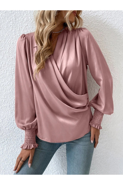 Surplice Smocked Lantern Sleeve Blouse - Blouses - FITGGINS