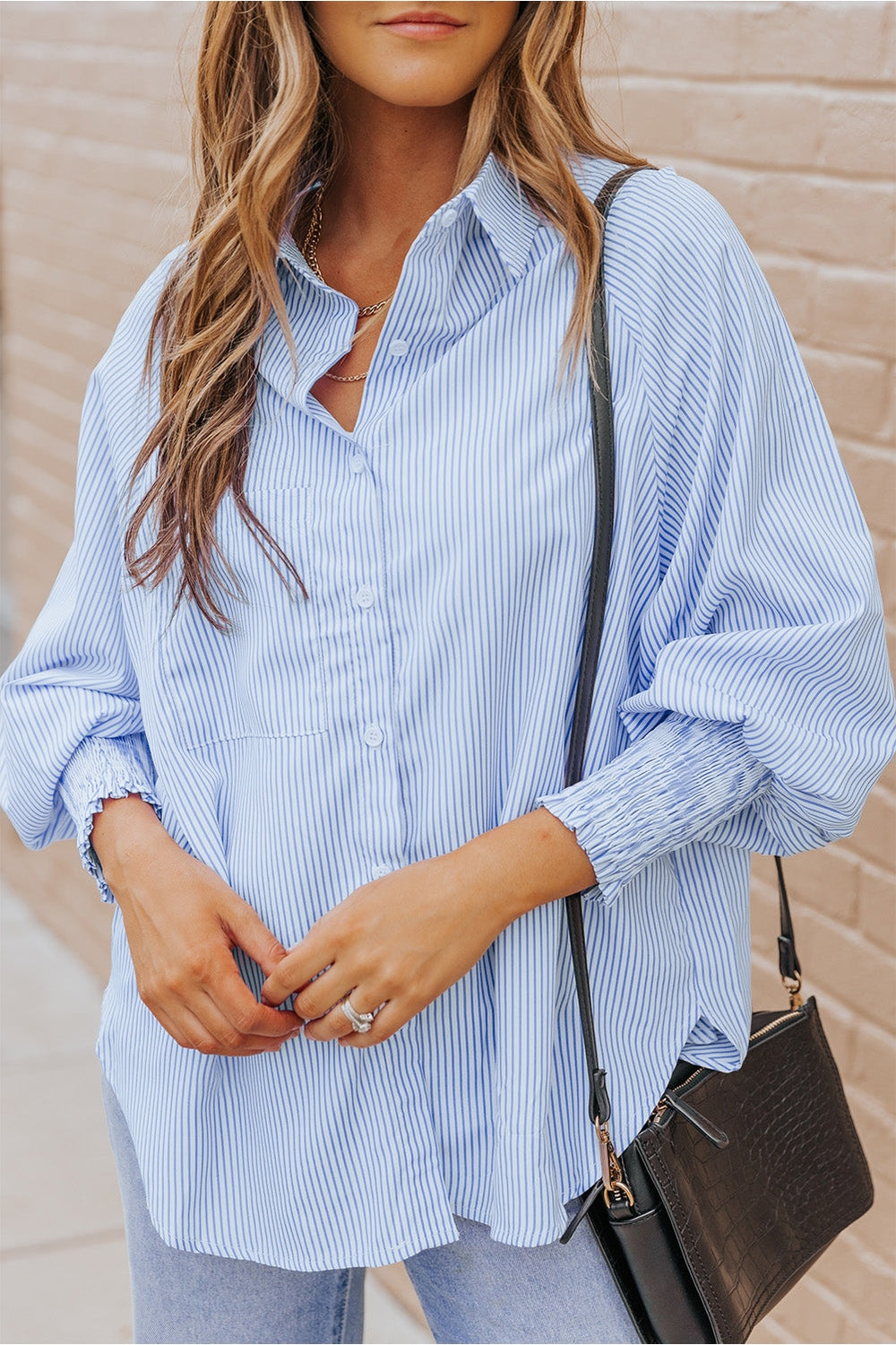 Striped Lantern Sleeve Collared Shirt - Shirts - FITGGINS