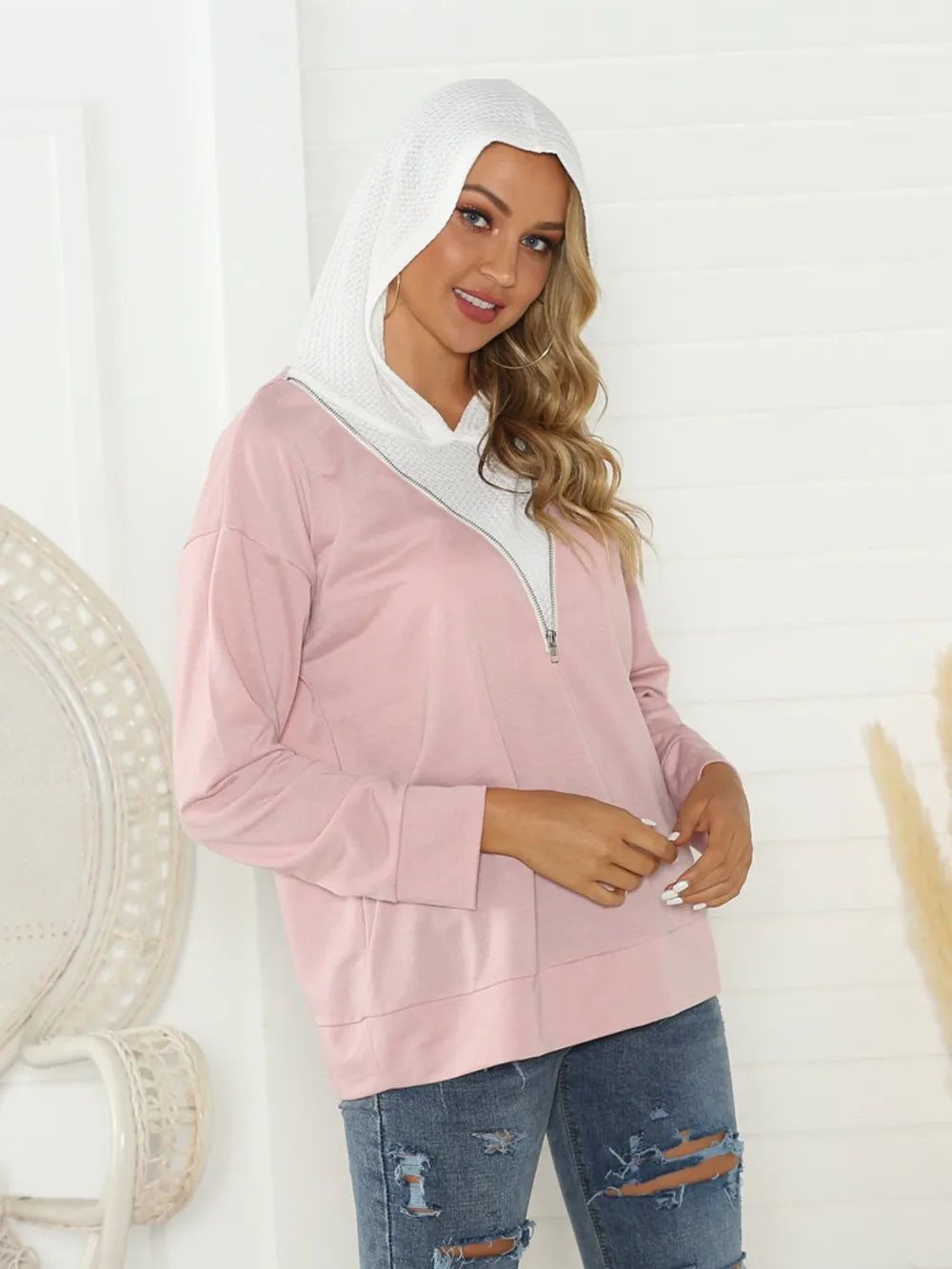 Shiny Contrast Zip Detail Hoodie Fitggins