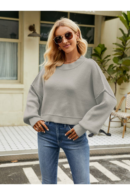 Round Neck Lantern Sleeve Sweater - Pullover Sweaters - FITGGINS