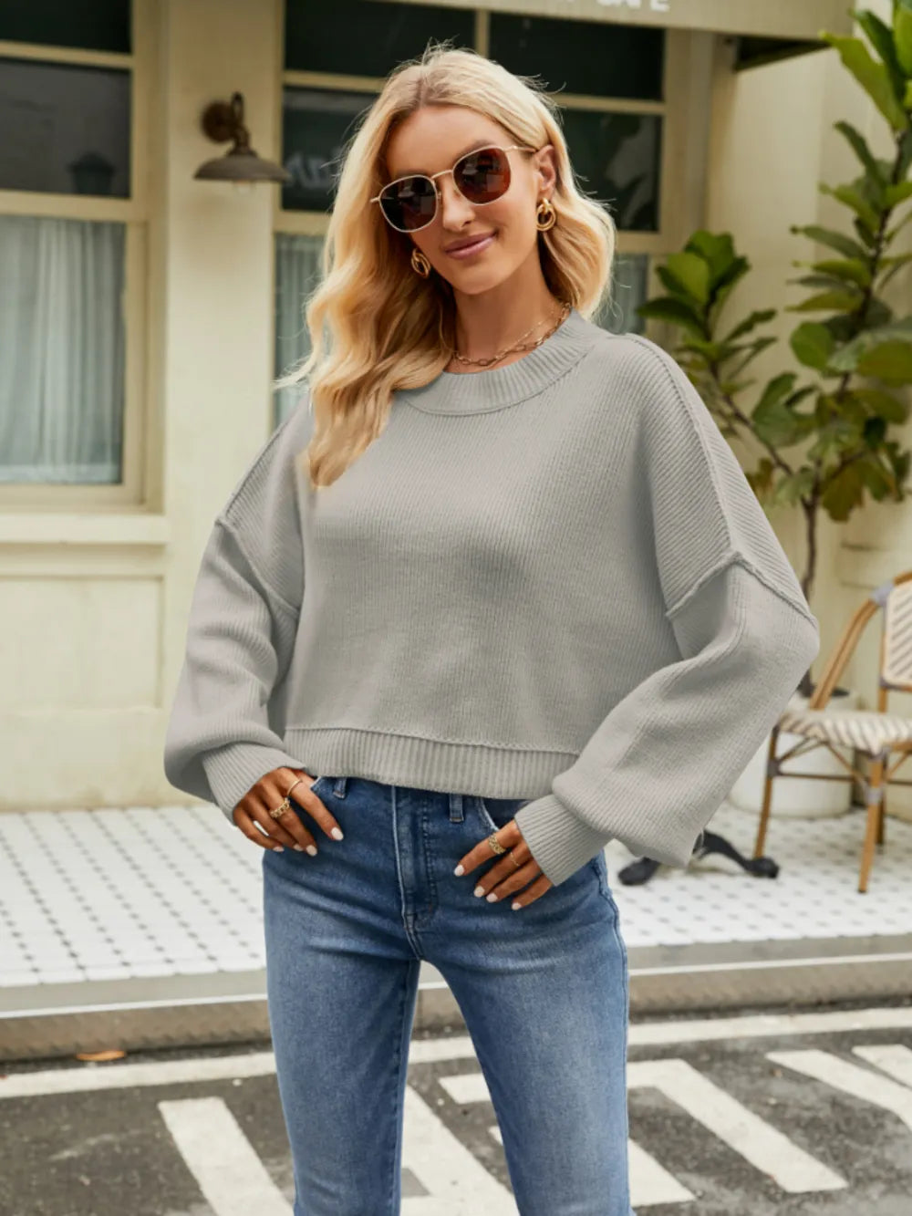 Round Neck Lantern Sleeve Sweater Fitggins
