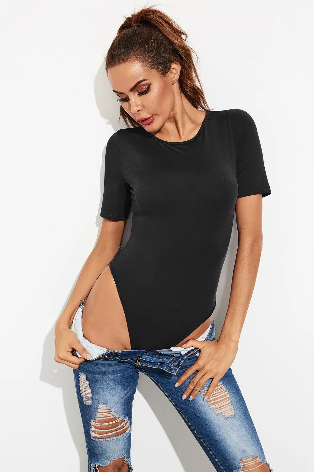 Round Neck Short Sleeve Bodysuit Black Fitggins