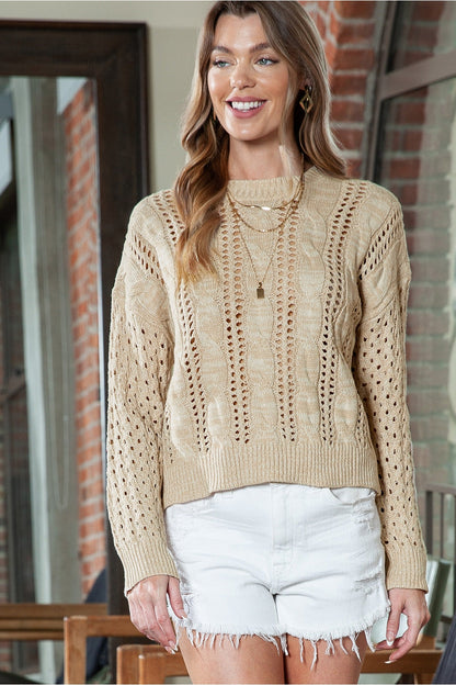 Full Size Openwork Cable-Knit Round Neck Knit Top - Pullover Sweaters - FITGGINS