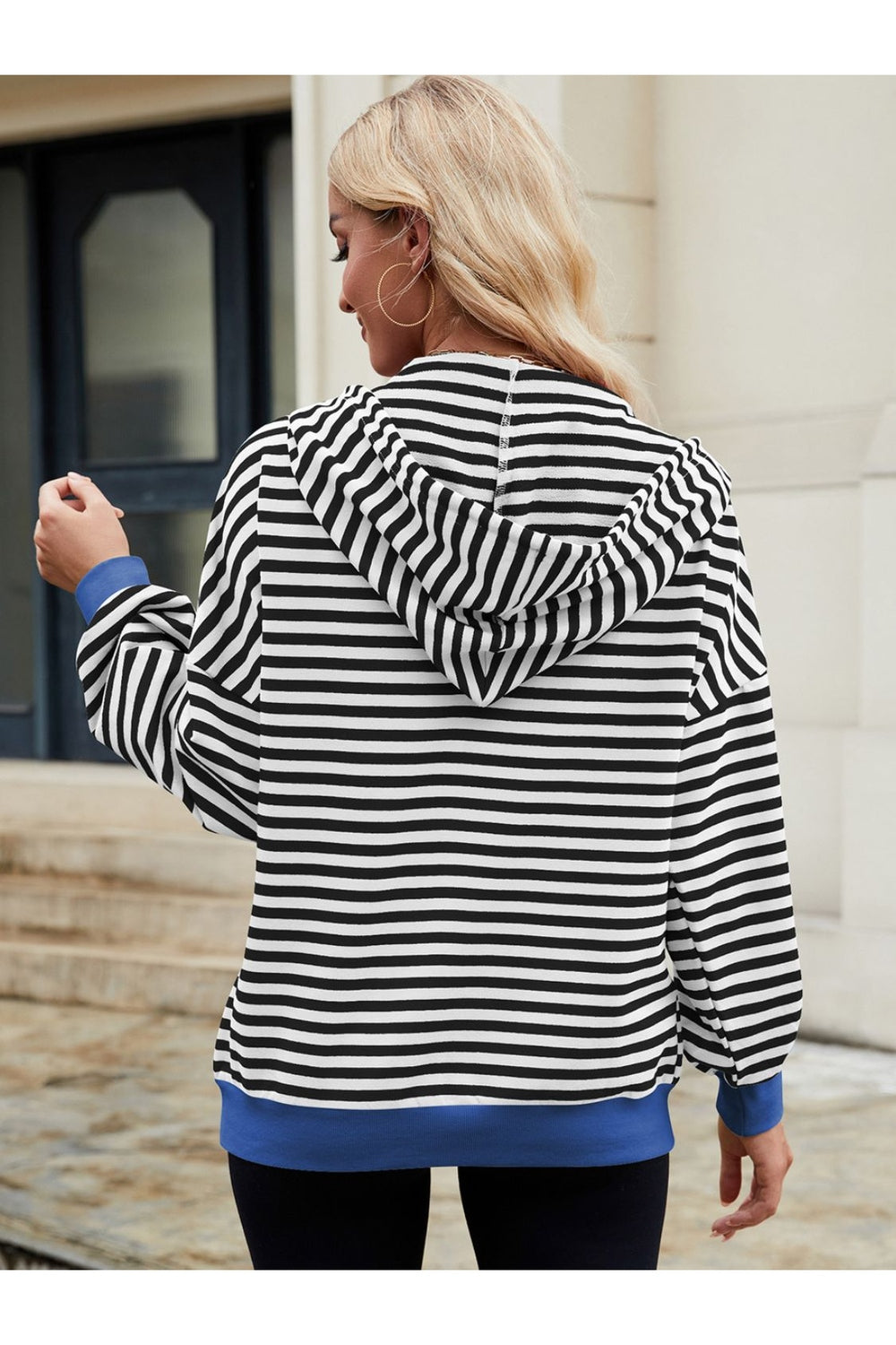 Drawstring Striped Zip Up Long Sleeve Hoodie - Sweatshirts & Hoodies - FITGGINS