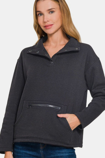 Zenana Turtleneck Half Snap Fleece Sweatshirt - Sweatshirts & Hoodies - FITGGINS