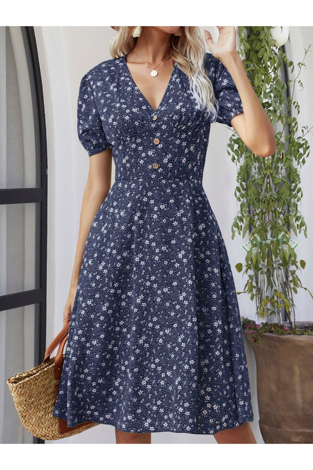 Printed V-Neck Short Sleeve Dress - Casual & Maxi Dresses - FITGGINS