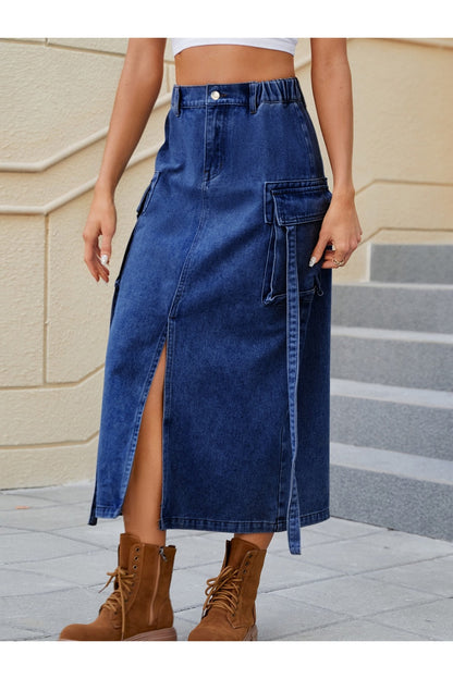 Slit Pocketed High Waist Denim Skirt - Shirts - FITGGINS