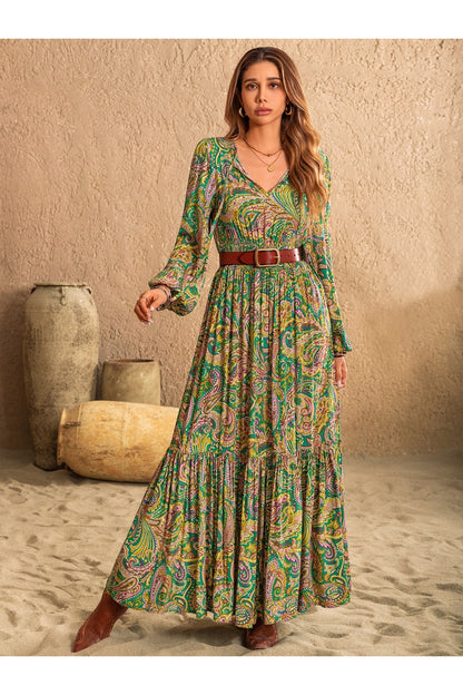 Printed Tie Neck Long Sleeve Dress - Casual & Maxi Dresses - FITGGINS