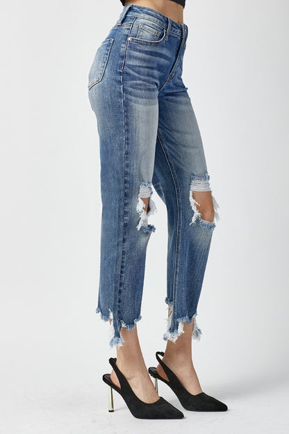 RISEN High Waist Distressed Frayed Hem Cropped Straight Jeans - Jeans - FITGGINS