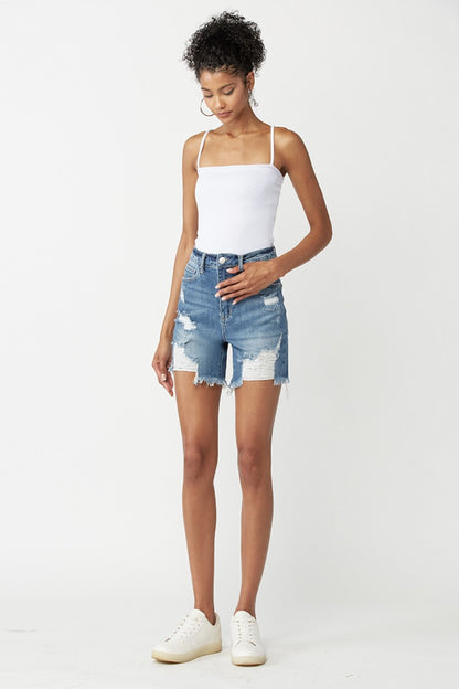 RISEN High Waisted Distressed Denim Shorts - Denim Shorts - FITGGINS