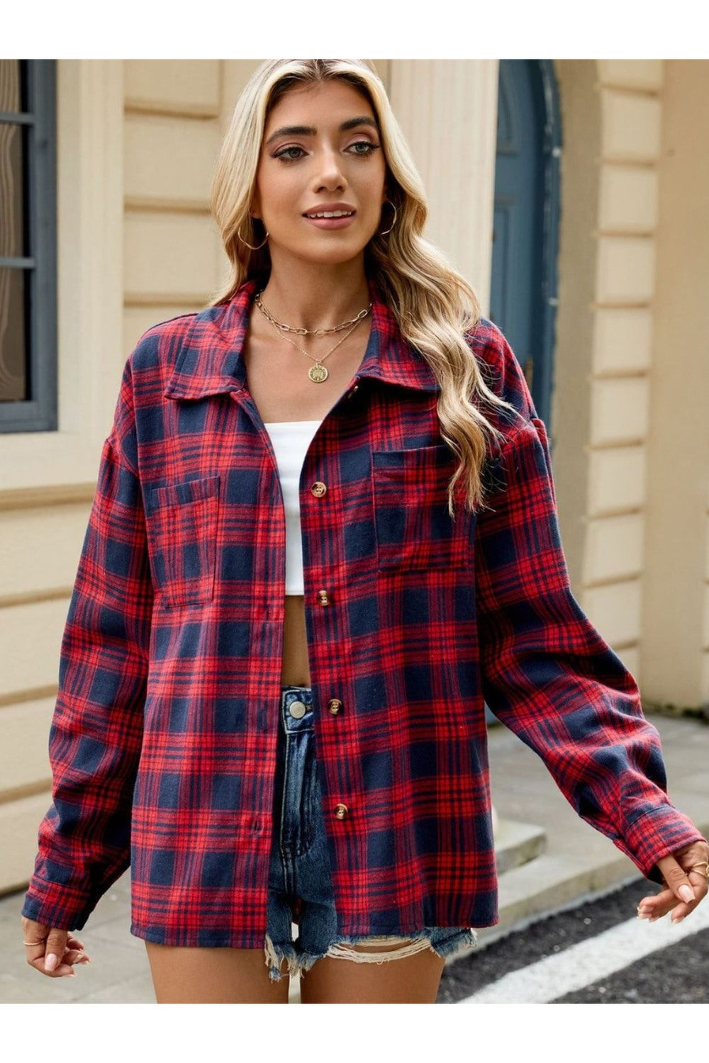 Plaid Collared Neck Long Sleeve Shirt - Shirts - FITGGINS